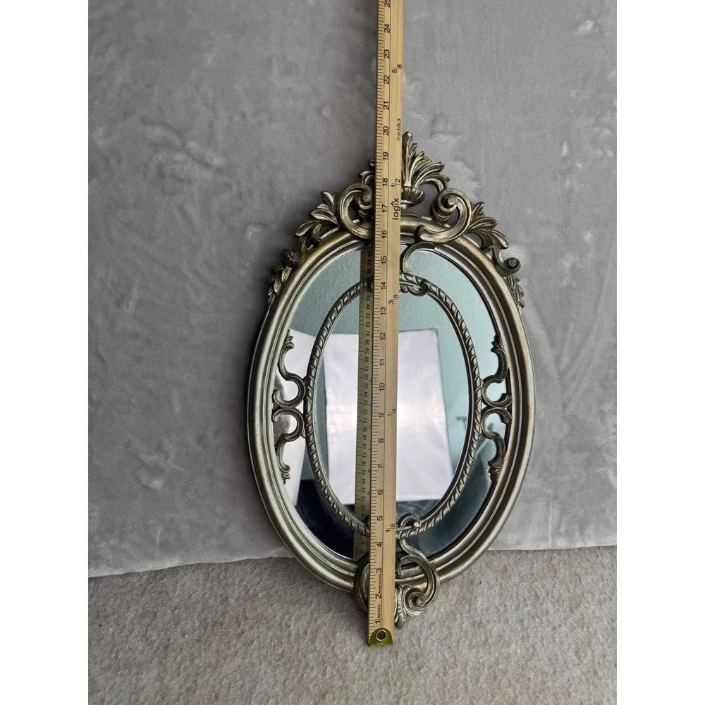 Vintage Ornate Oval Mirror Antique Silver Italy Baroque Scrollwork 18.5x11.5